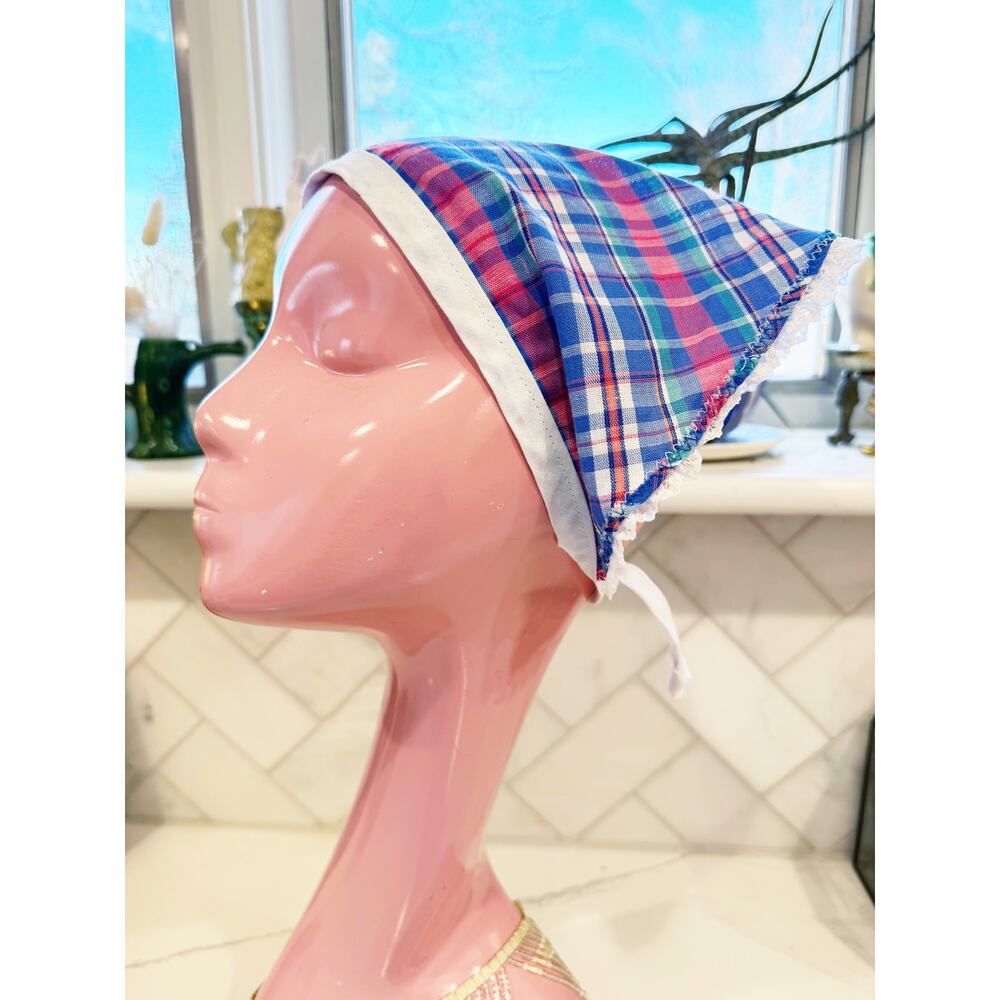 Vintage Handmade Madras Plaid Head Scarf / bandanna Style Tie Cap